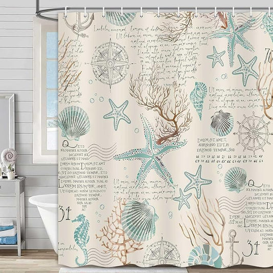Nautical Coastal Beach Shower Curtain, Coral Starfish Seashell Ocean Bathroom Curtains, Fun Kids Bathroom Shower Curtain with Hooks Set 72 x 72 Inch