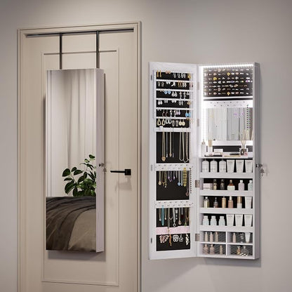 47.2" LED Jewelry Mirror Cabinet, Wall/Door Mounted Jewelry Armoire Organizer with Full Length Mirror, Large Storage Hanging Cabinet, 4 Drawers, 5 Shelves, Built-in Lighted Mirror (White)