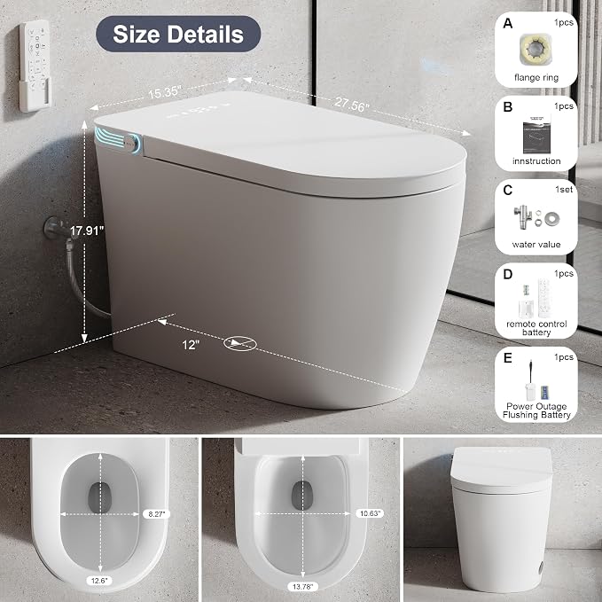 Smart Toilet with Bidet Heated Seat Auto Flush & Soft-Close Seat/Lid | Tankless Electric One Piece Toilets for Bathroom with Foot Sensor Warm Water Wash&Air Dry Siphon Dual Flush 0.8/1.2 GPF