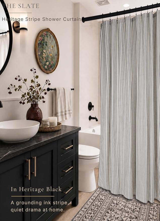 Farmhouse Striped Shower Curtain - Extra Long 72x84 Inches, Linen Blend Fabric, Breathable & Machine Washable, Rustic Black for Bathroom Decor (Hooks/Liner Not Included)