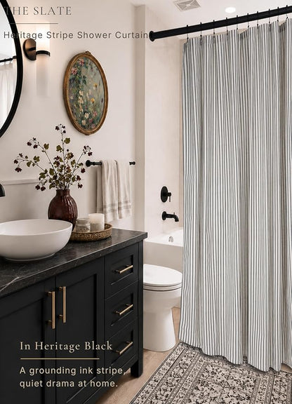 Farmhouse Striped Shower Curtain - Extra Long 72x84 Inches, Linen Blend Fabric, Breathable & Machine Washable, Rustic Black for Bathroom Decor (Hooks/Liner Not Included)