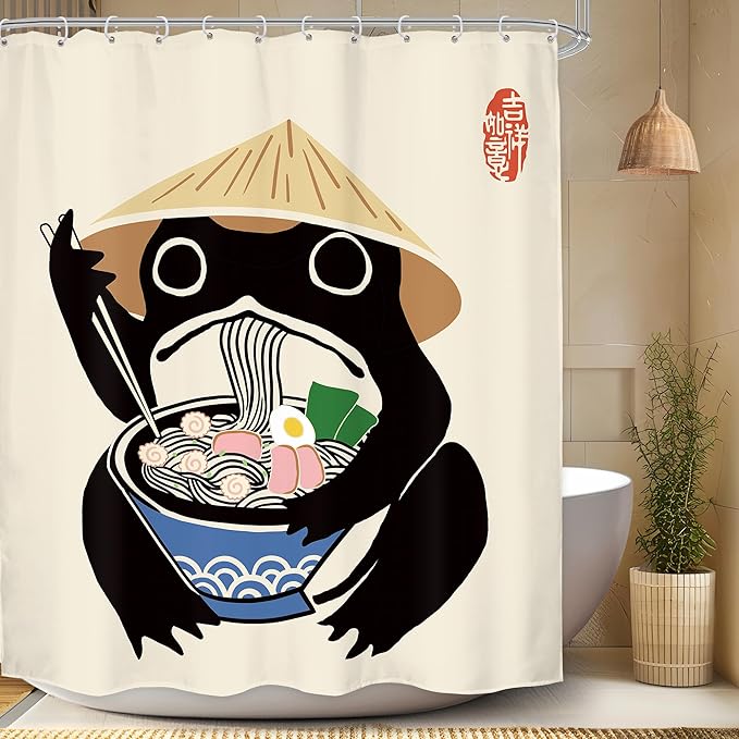 LGhtyro Funny Frog Shower Curtain Bathroom Set 60Wx71H Inches Retro Cute Animal Asian Traditional Japanese Style Noodles Strawhat Vintage Bath Accessories Children Art Home Decor Fabric 12 Pack Hooks