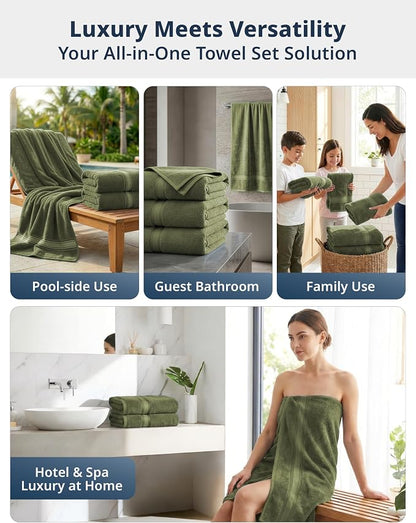 LANE LINEN Towel Set Soft Absorbent Quick Dry 100% Cotton - Oil Green | Cotton Bath Towels - Lightweight & Breathable, Fade-Resistant Color, Classic Terry Weave, Densely Woven, Coordinated Colors