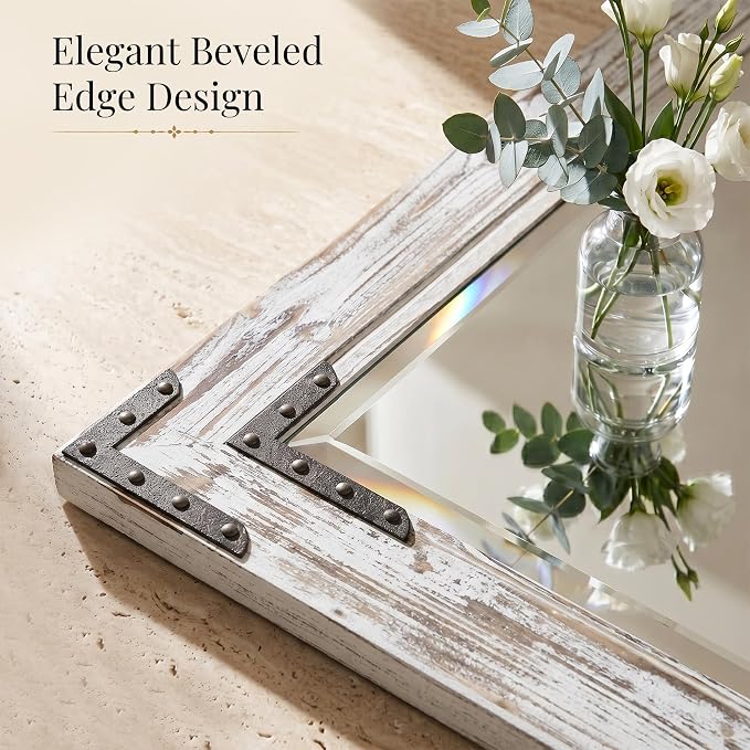 Distressed White 30x40 Inch Wood Bathroom Vanity Mirror, Rivets | Farmhouse style, layered whitewashed grain, larger vanities, dressers, dining areas and entry consoles