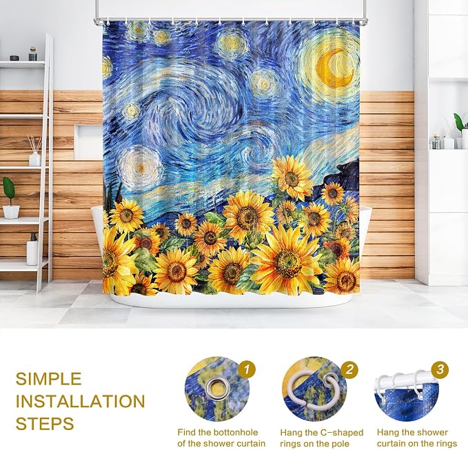Shower Curtain Starry Night Sunflowers Van Gogh Inspired Art Decor 72x72 | Shower Curtain for Bathroom Waterproof Washable Bath Curtains with Hooks Home Office Farmhouse Bathroom