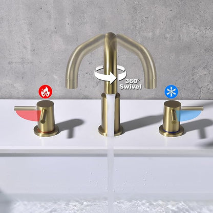 Brushed Gold Bathroom Faucet, 8 in Gold Widespread Bathroom Sink Faucet 3 Hole with Pop Up Drain and Supply Lines, Stainless Steel 2 Handle Gold Faucet for Bathroom Vanity