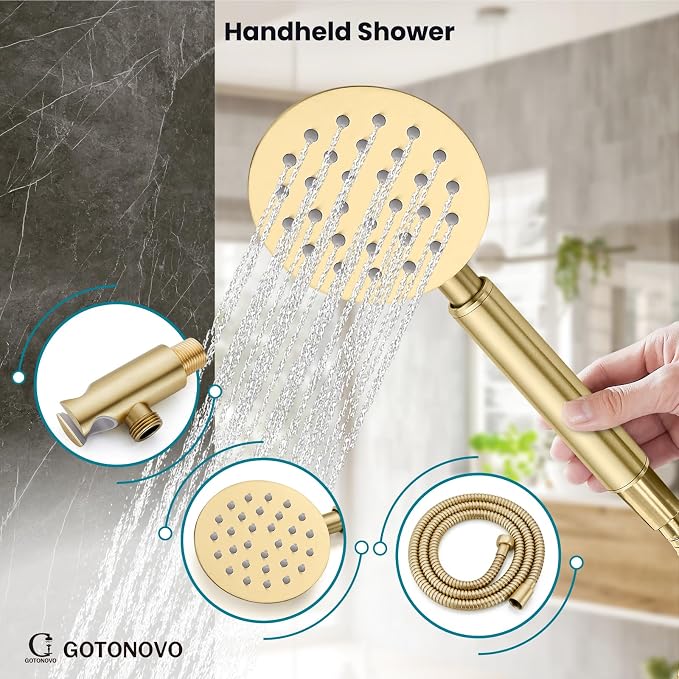 gotonovo High Pressure Shower System Valve and Trim Kit,Brushed Gold | Round Rain 10 Inch Shower Head with Handheld Faucet Set Complete,Rough In Valve,2-in-1 Diverter,All Metal,Bathroom Wall Mount