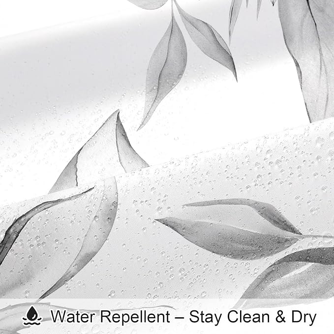 Grey Boho Floral Shower Curtain, Watercolor Botanical Design, 36 x 72 | Boho Floral Design, Watercolor Ink Painting Style, Botanical Flowers & Leaves, Elegant Bathroom Accent, Fabric Cloth Curtain