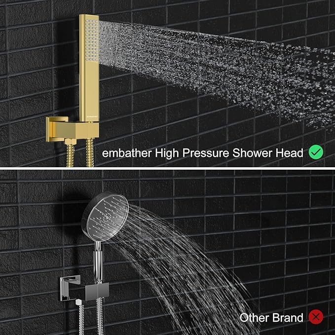 EMBATHER Brushed Gold Shower System- 10 inch Shower Faucet Sets with Rain Shower Head Hand Held Shower Head for Bathroom, Wall Mounted Square Shower Combo Set (Contain Shower Valve and Trim)