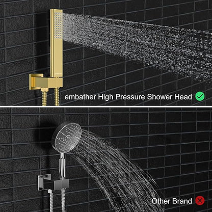 EMBATHER Brushed Gold Shower System- 10 inch Shower Faucet Sets with Rain Shower Head Hand Held Shower Head for Bathroom, Wall Mounted Square Shower Combo Set (Contain Shower Valve and Trim)