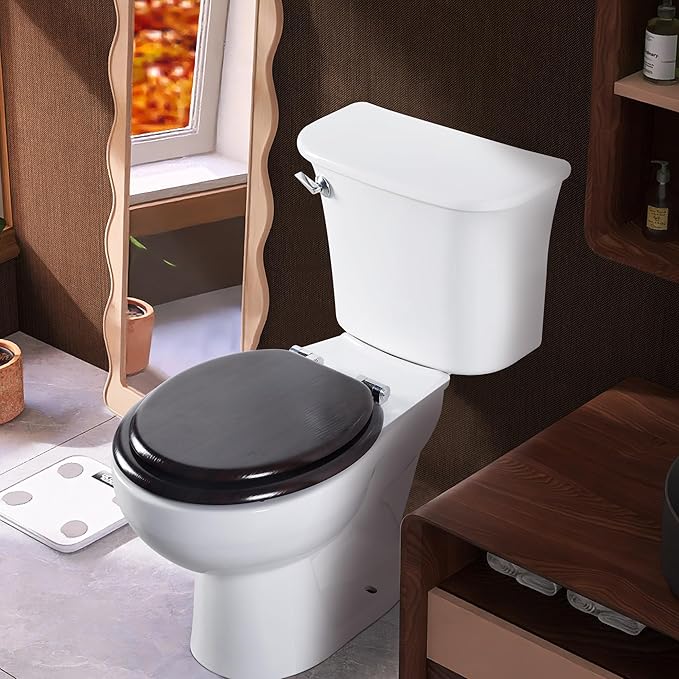 Round Toilet Seat Molded Wood Toilet Seat with Quietly Close and Quick Release Hinges, Easy to Install also Easy to Clean by Angol Shiold (Round, Dark Brown)