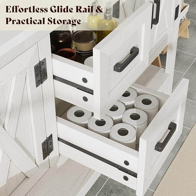 AMERLIFE 60” Farmhouse Bathroom Vanity with Double Sink, Freestanding Cabinet with 2 Drawers, 4 Barn Doors & Open Shelf, Rustic Storage for Master or Family Bathroom, Antique White