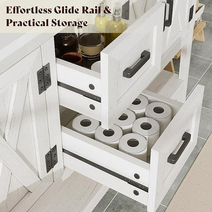 AMERLIFE 60” Farmhouse Bathroom Vanity with Double Sink, Freestanding Cabinet with 2 Drawers, 4 Barn Doors & Open Shelf, Rustic Storage for Master or Family Bathroom, Antique White