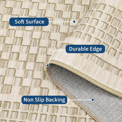 Washable Area Rug 9x12 Rug for Living Room Modern Plaid Large Area Rug for Bedroom Decor Farmhouse Non Slip Throw Rugs Low Pile Stain Resistant Carpet for Office Dining Room 9'x12' Beige