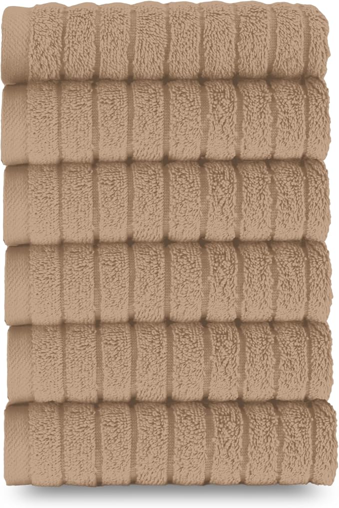 Elegant Comfort 100% Turkish Cotton Corduroy Ribbed Luxury Washcloths 6 Pack Soft 13 x 13 Inch - Higly Absorbent, Durable, Quick Dry, Spa Premium Hotel Quality for Bathroom or Travel, Taupe