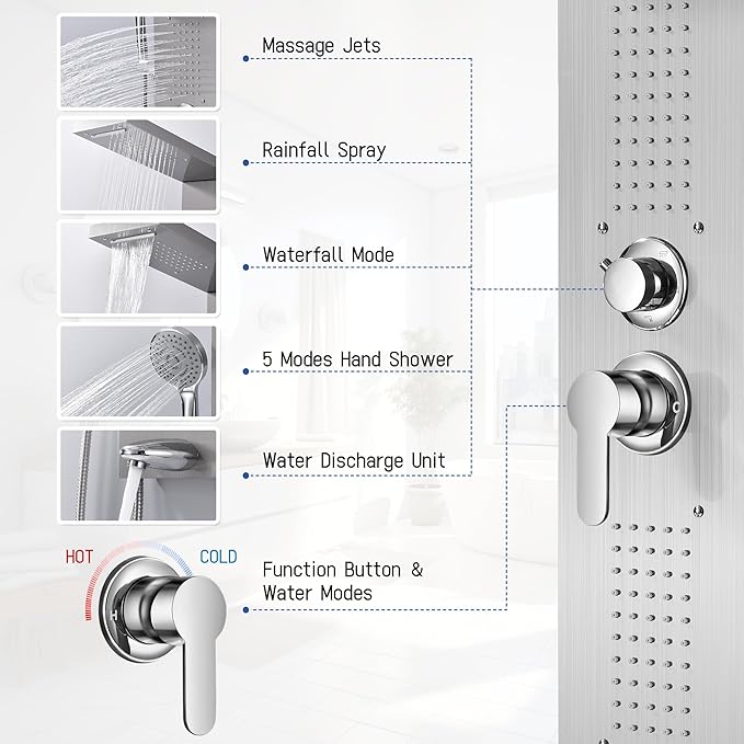 Shower Panel System, Multi-Function Shower Tower With 5 Body Spray, 5 Handheld Settings & Shelf, Rainfall + Waterfall Shower Head