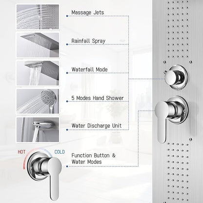 Shower Panel System, Multi-Function Shower Tower With 5 Body Spray, 5 Handheld Settings & Shelf, Rainfall + Waterfall Shower Head