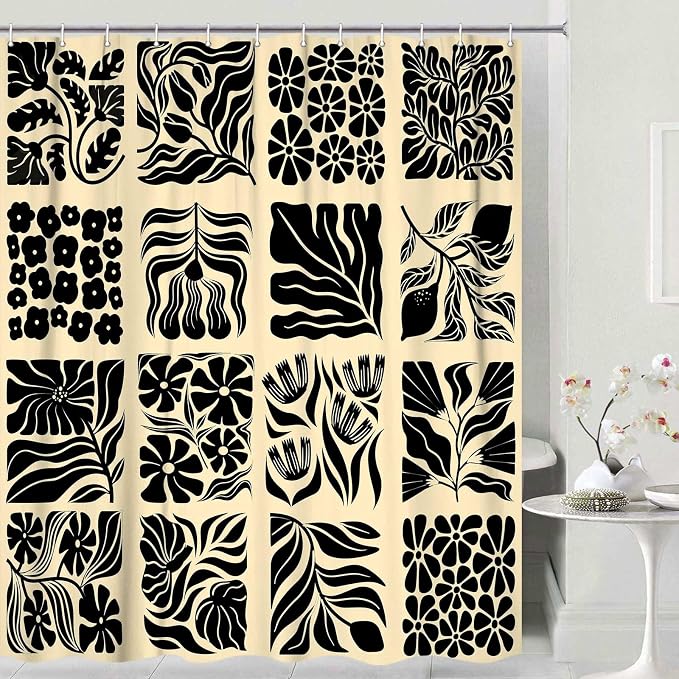 JAWO Retro Shower Curtain Vintage Abstract Boho Floral Shower Curtains for Bathroom Decor Pink Black Botanical Geometric Groovy Aesthetic Pattern Shower Curtain Sets with Hooks,69X84IN