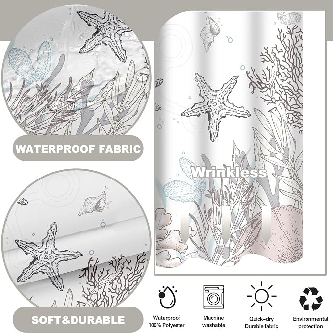 No Hook Shower Curtain and Liner Set, Brown Beach Coastal 71x74 | Nautical Ocean for Bathroom, with Snap in Liner Replacement, Mesh Top Window, Waterproof, Machine Washable, Quick-Drying