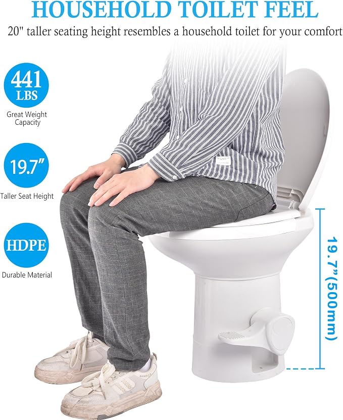 AW RV Toilet Gravity Flush Camper Toilet Elongated 20" High Profile Travel | Trailer Toilet for RV Foot Pedal Flush HDPE Motorhome Caravan Travel Trailer