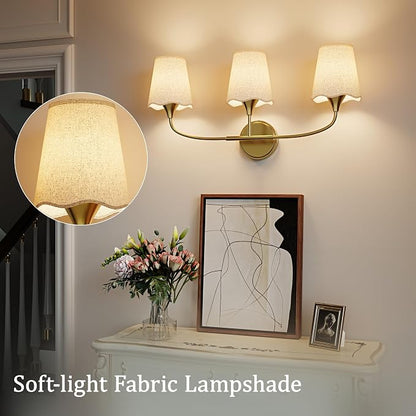 Morauroral Bathroom Light Fixtures, 3 Light Gold Vanity Light for Bathroom, Modern Sconce Wall Light with Scalloped Linen Fabric Shade, Rustic Vanity Light Fixtures for Mirror, Living Room(ETL Listed)