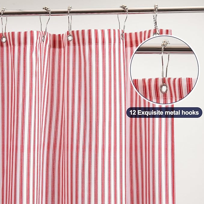 Stripe Cotton Toile Shower Curtain Ticking Stripe Woven Print Curtain Bathroom Decor for Traditional and Contemporary Style Kitchen Bath Home (Red and White,72 x 72 Inches)