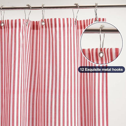 Stripe Cotton Toile Shower Curtain Ticking Stripe Woven Print Curtain Bathroom Decor for Traditional and Contemporary Style Kitchen Bath Home (Red and White,72 x 72 Inches)