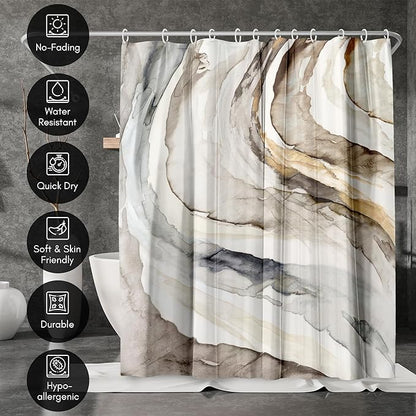 Americanflat 71x74 Marble Shower Curtain - Water-Resistant Long Shower Curtain with Durable Metal Grommets and 12 Hooks - 100% Polyester - Taupe, Beige, Gold, Charcoal and White