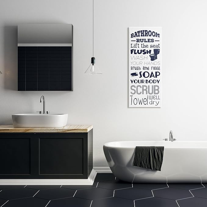 Stupell Industries Bathroom Rules Sign Navy Blue Toilet Bubbly Soap