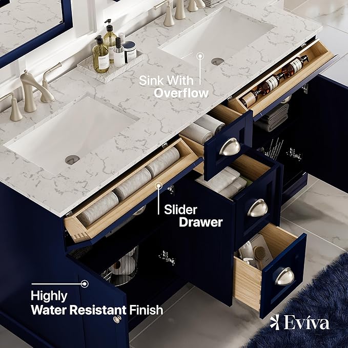 Eviva Epic Blue 60 inch Bathroom Vanity with Sink - Porcelain Round-Bathroom Vanity Double Sink-Solid Wood 60" Vanity Bathroom Sink- Double Vanity Sink Cabinet