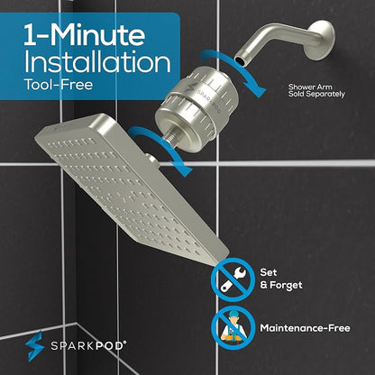 SparkPod Filtered Shower Head, 23-Stage, 8" Square, Brushed Nickel | Showerhead for Hard Water, High Pressure, Reduces Chlorine, Heavy Metals, For Dry Skin & Hair, Removable Capsule Filter