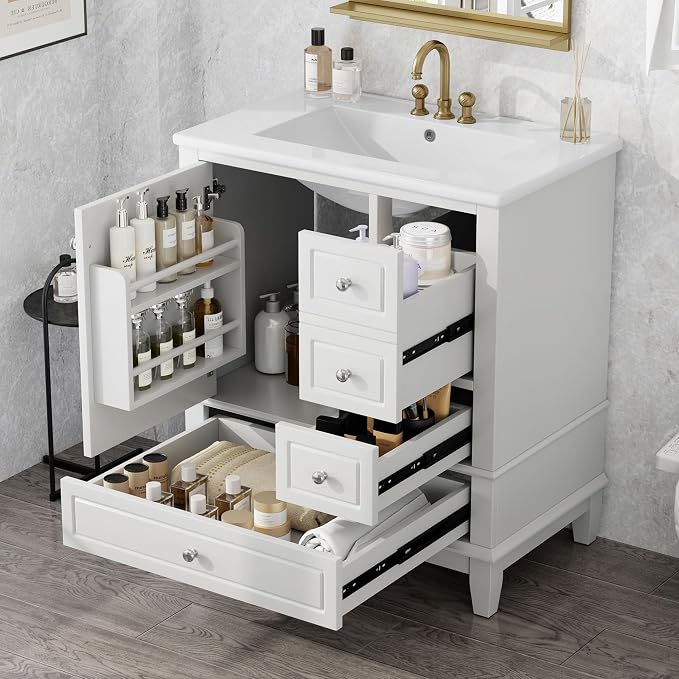 Merax Bathroom Vanity with Ceramic Sink 30 Inch, Cabinet with One Door and Three Drawers, Soft-Closing Door, Solid Wood Legs, White