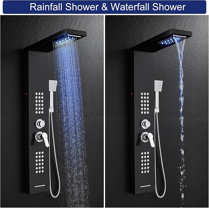 ROVATE 5 in 1 LED Rainfall Waterfall Shower Panel Tower System, Black | High Pressure Stainless Steel Shower Column with Tub Spout, Powerful Body Jets, Flexible Handheld, Brass Mixing Valve Body