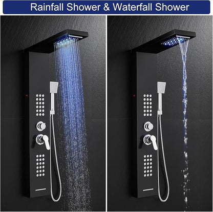 ROVATE 5 in 1 LED Rainfall Waterfall Shower Panel Tower System, Black | High Pressure Stainless Steel Shower Column with Tub Spout, Powerful Body Jets, Flexible Handheld, Brass Mixing Valve Body
