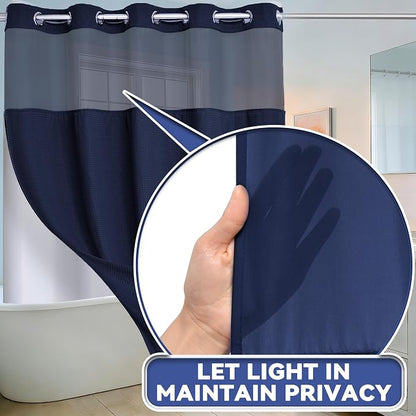 Conbo Mio Extra Long No Hook Waffle Weave Shower Curtain with Snap in Liner Set, Hotel Luxury Navy Blue Shower Curtains for Bathroom with See Through Top Window, Waterproof, Washable 71W x 84H