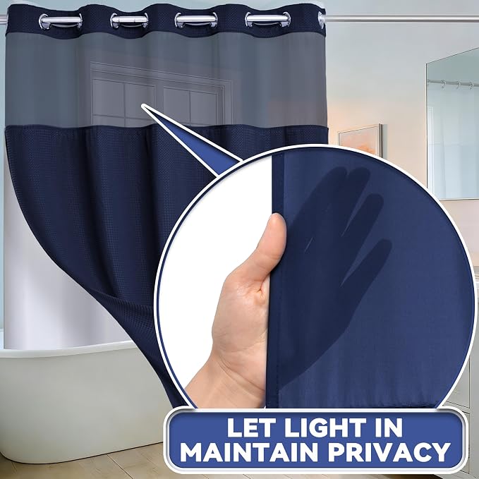 Conbo Mio No Hook Waffle Weave Shower Curtain with Snap in Liner Set, Hotel Luxury Navy Blue Shower Curtains for Bathroom with See Through Top Window, Waterproof, Washable 71W x 74H