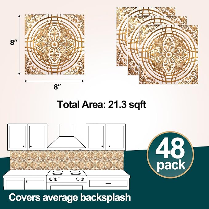 48 Pack 3D Metallic Peel and Stick Backsplash Tiles, 8"x8" Self Adhesive Wall Panels for Kitchen Bathroom, Waterproof Decorative Tiles for Renters and DIY, Easy Install, Cream Gold Relief Floral