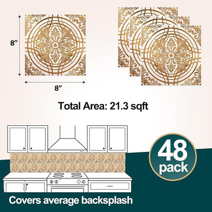 48 Pack 3D Metallic Peel and Stick Backsplash Tiles, 8"x8" Self Adhesive Wall Panels for Kitchen Bathroom, Waterproof Decorative Tiles for Renters and DIY, Easy Install, Cream Gold Relief Floral