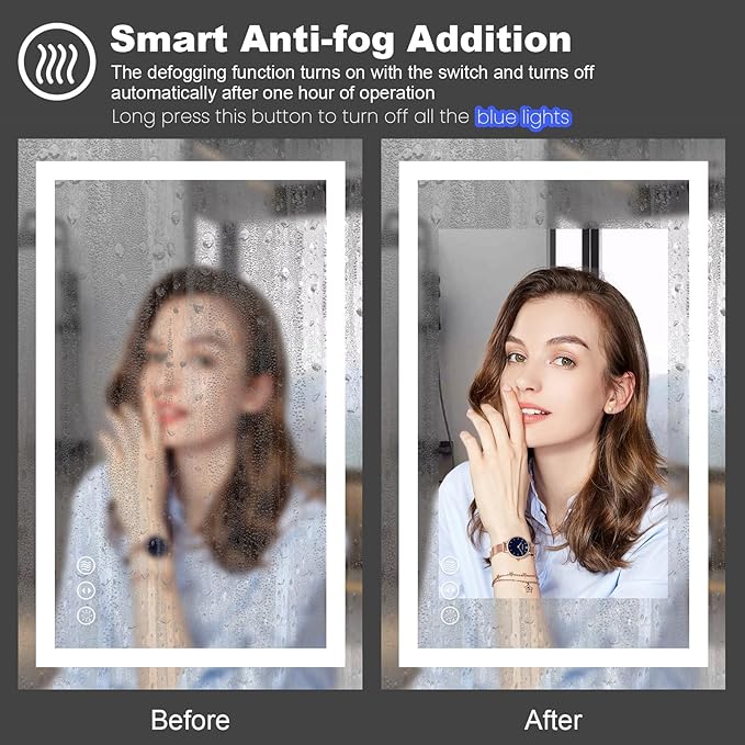 LED Bathroom Mirror 48"X38" with Front Light and Backlit | Stepless Dimmable, Anti-Fog, Shatter-Proof, HD Reflection, Memory, 3 Colors Lighting, UL Listed (Horizontal/Vertical).