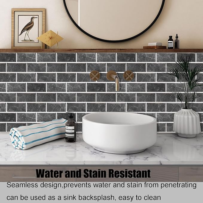 12-Sheet Black Peel and Stick Wallpaper, Subway Tile 6''x12'' Self Adhesive Wall Tiles Waterproof PVC Stick on Backsplash Vinyl Decorative Tiles Stickers for Kitchen Bathroom
