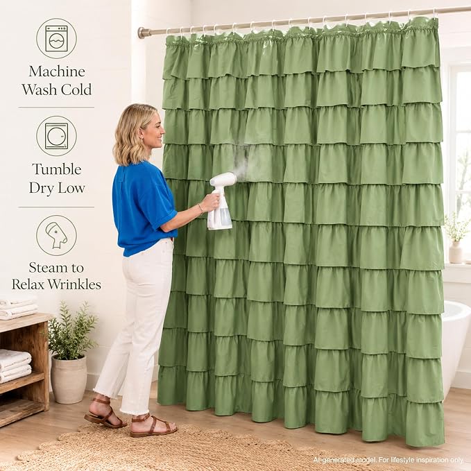 Sage Green Ruffle Shower Curtain for Bathroom, 72x84 inch, 1 Panel | Cottagecore Bathroom Decor, Soft Microfiber Fabric, Extra-Long 72 X 84, 12 Hooks Included, Machine Washable, Opaque Privacy