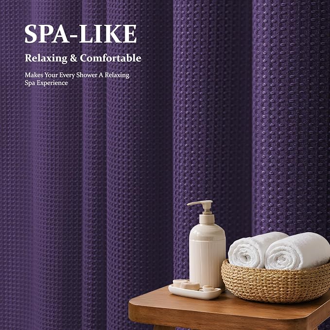 Extra Long Waffle Shower Curtain 256 GSM Fabric 72x96 Purple | 96 Inch Tall, Thick Cloth, Weighted Hem, Water Repellent, Hotel Luxury Polyester Shower Curtain Set for Bathroom 12 Hooks