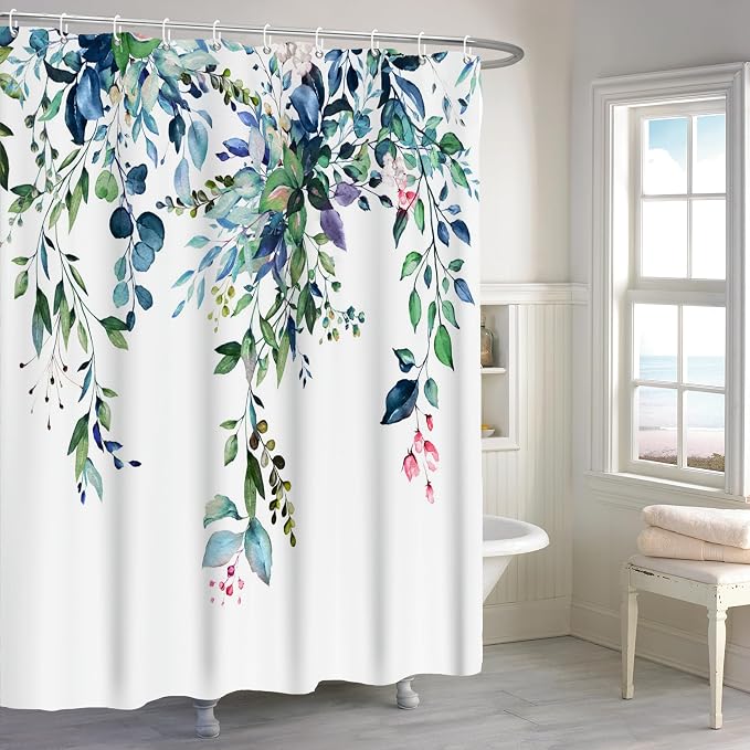 Eucalyptus Shower Curtain, Watercolor Sage Green Leaf Plant Floral Spring Nature Waterproof Machine Washable with Hooks for Bathroom Bathtub 72x72