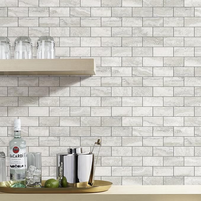STICKGOO 1/3 Sheet Subway Tile Peel and Stick Backsplash, Beige Stone Texture with Grey Grout Kitchen Backsplash Wall Tile(Only 1/3 Sample)