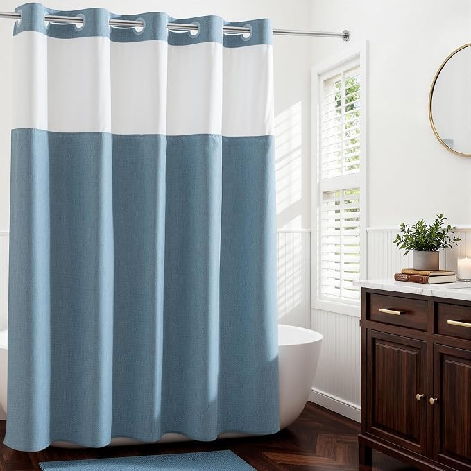 River Dream Linen Textured No Hooks Shower Curtain with Liner,Blue,71x74 | Mesh Top Window,with Snap-in Liner,Heavy Duty Fabric,Quick Dry,Bottom Magnets,Water-Repellent,Washable,Farmhouse Bathroom Set