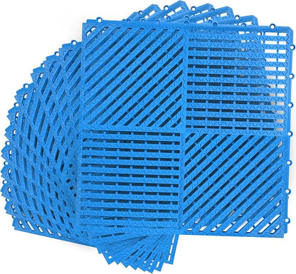 Modular Interlocking Cushion 12 Pack 11.8" x 11.8" Rubber Floor Tiles Non-Slip Splicing Drainage Mats for Deck, Pool, Shower, Patio, Balcony, Bathroom, Kitchen, Yard (Diagonal, Blue)