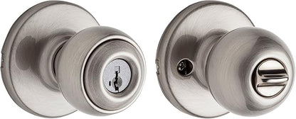 Kwikset Polo Entry Door Knob with Lock and Key, Secure Keyed Handle Exterior, Front Entrance and Bedroom, Satin Nickel, Pick Resistant SmartKey Rekey Security and Microban