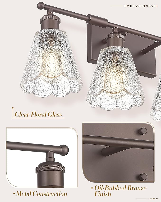 HWH 4-Light Bathroom Vanity Light, Clear Floral Glass, 5HJX110B-4W ORB | Oil-Rubbed Bronze Finish, Farmhouse, Wall Light Sconces for Bathroom, Bathroom Mirror Wall Light, Standard E26 Bulb Socket