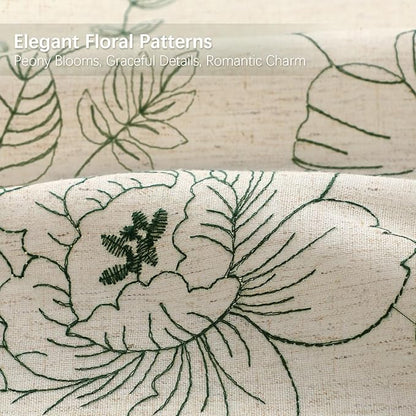 Farmhouse Floral Linen Shower Curtain, Vintage Green Embroidered Pattern Rustic Shower Curtains for Bathroom, Tan Taupe,72x72
