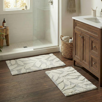 Lavish Home Bathroom Rug Set, Gray, 2-Piece-Set, 35”x22”/25”x18” | 100% Cotton Bath Mats with Textured Botanical Leaf Print for Boho Bathroom Decor - Bath Rugs Non Slip Washable Bathmats